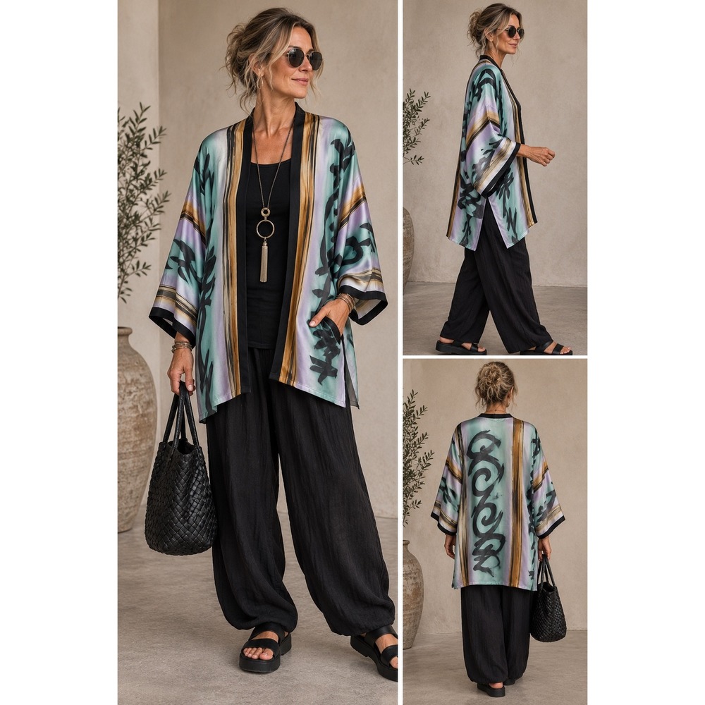 Art to Wear Abstract Burnout Kimono Jacket Green Purple Boho Lagenlook One Size